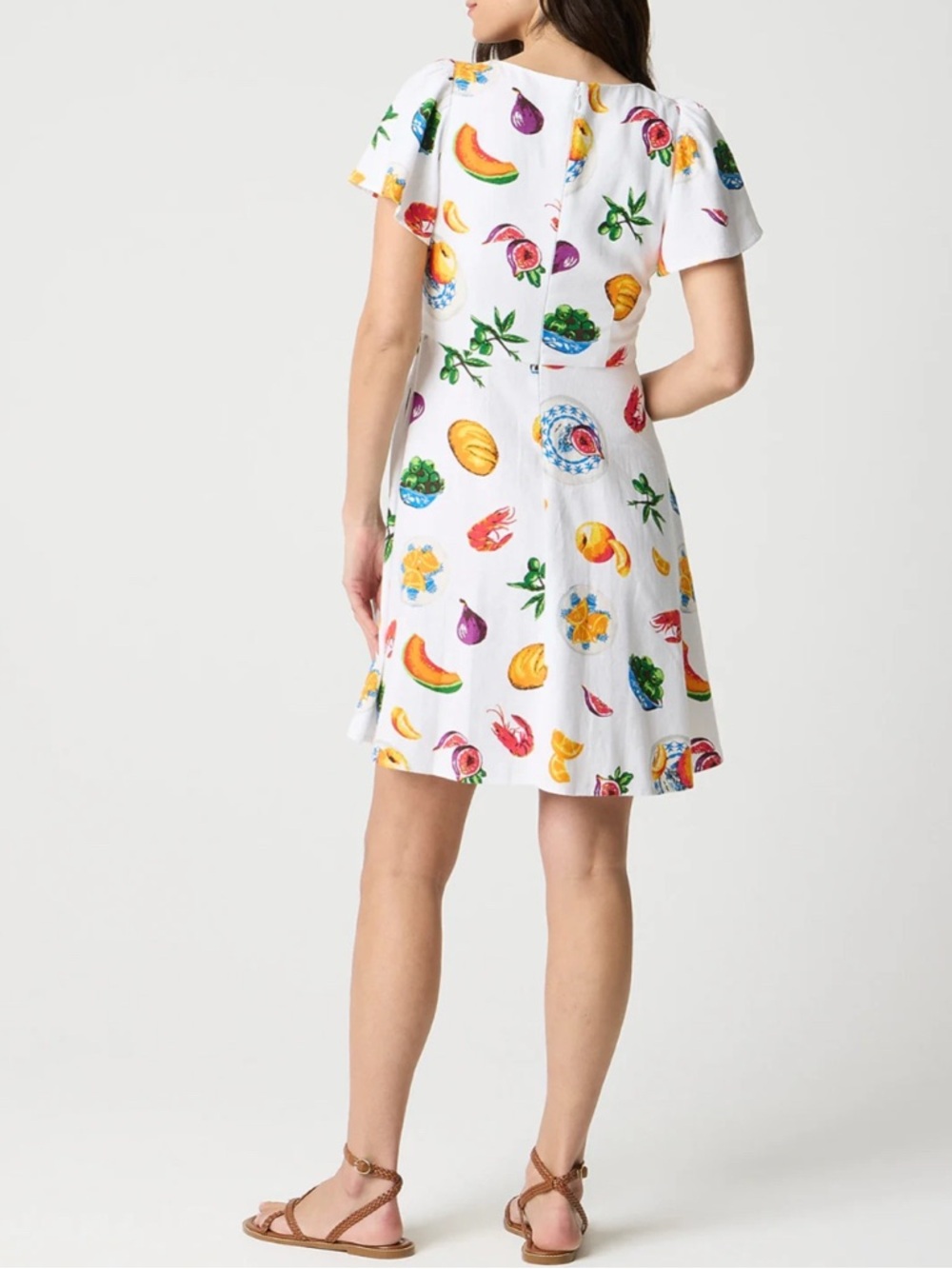 J.CREW Printed Linen-Blend Flutter-Sleeve Mini Dress Picnic Food $128 CK859 Sz S - Picture 7 of 9